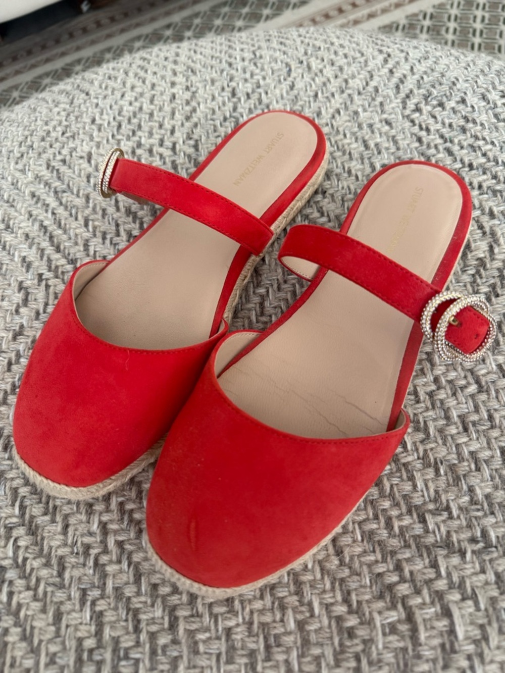 Stuart Weitzman Red Suede Crystal Buckle Espadrille Mule Size 9 - Picture 5 of 8